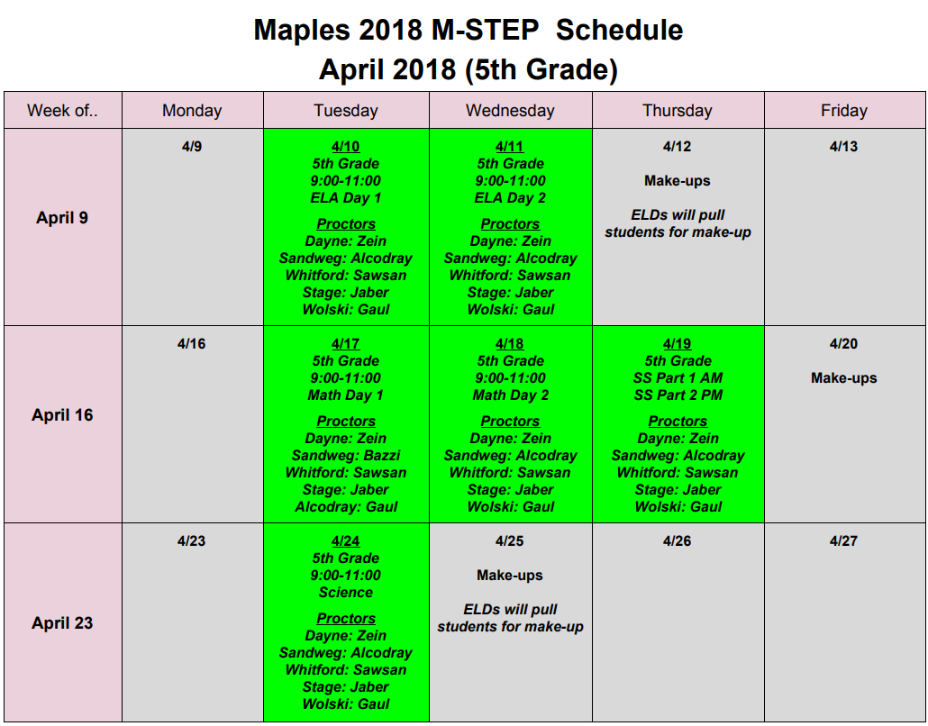April MSTEP schedule for 5th graders Maples Elementary School