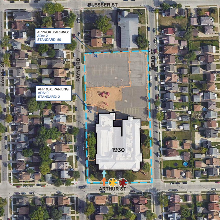 A satellite image showing Maples Elementary, built in 1930, and the surrounding area.